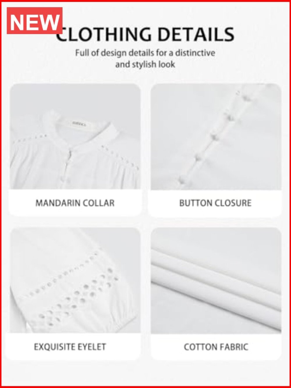 3/4 Puff Sleeve Button Down Blouse Cotton Eyelet Boho Mandarin Collar Tops - Picture 5 of 7